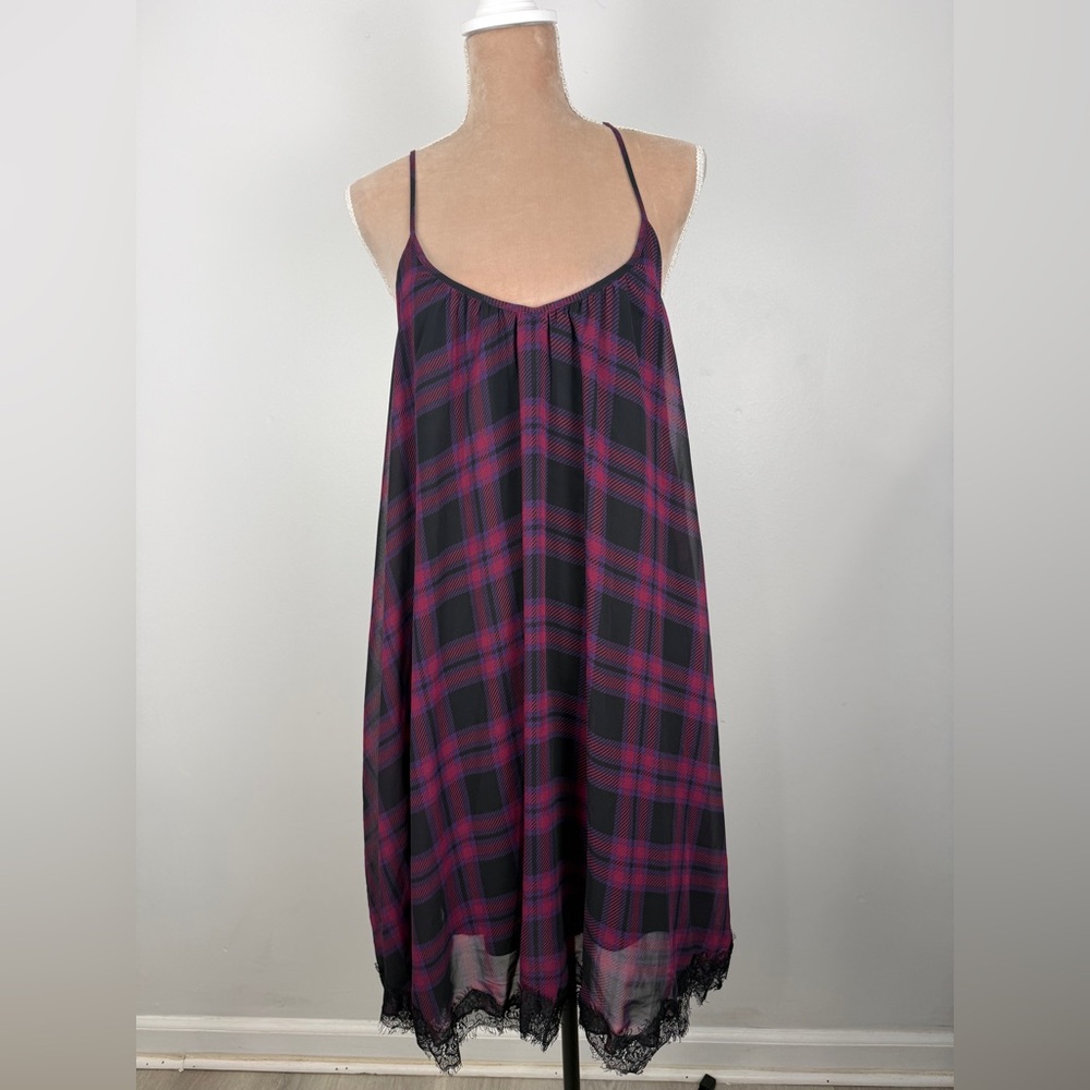 Express Black and Plum Plaid Lace-Trim Slip Dress